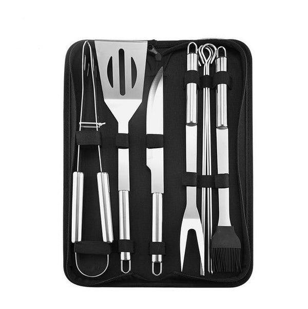 Kit para churrasco em aço inoxidável.